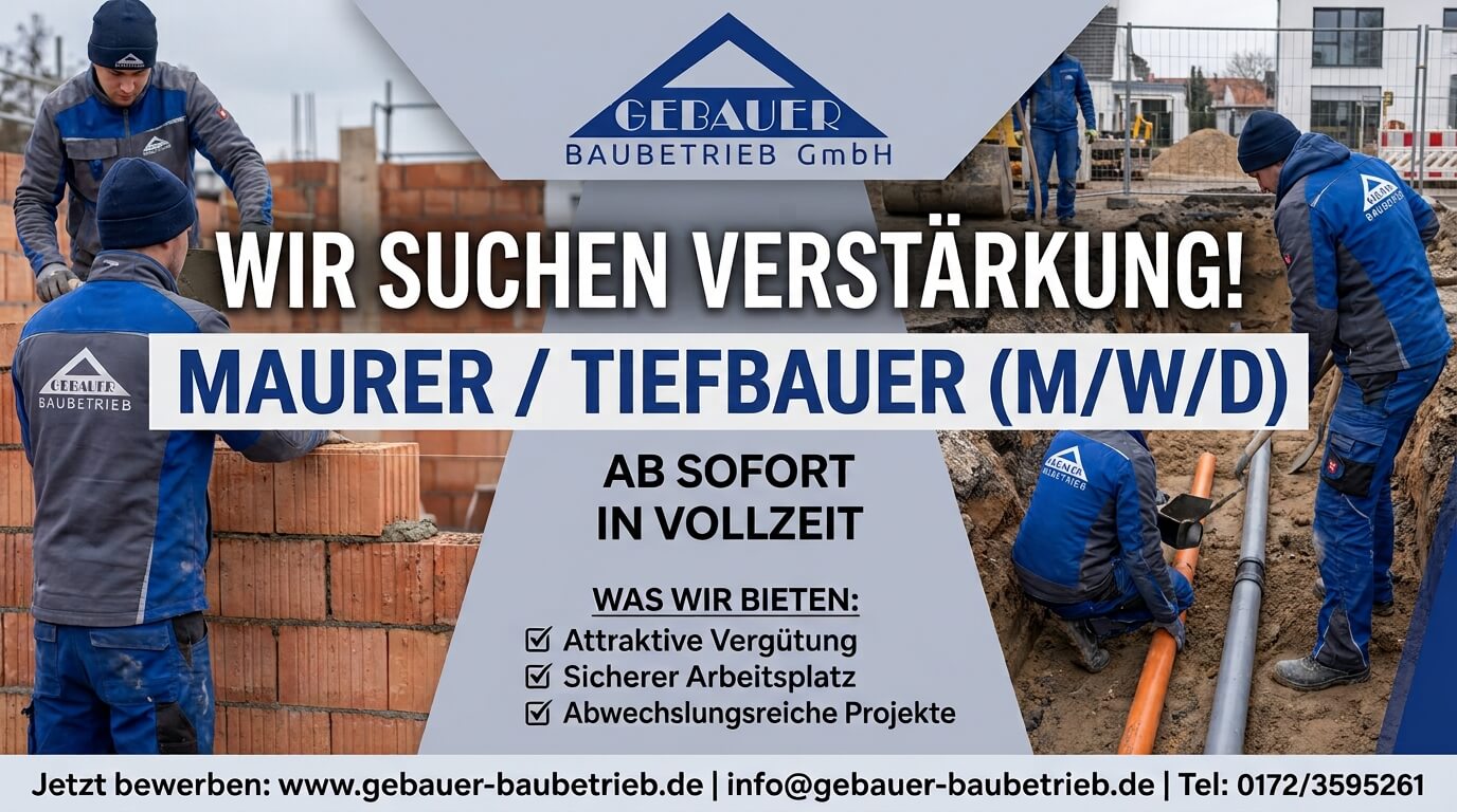 Wir suchen Verstärkung: Maurer/Tiefbauer - Stellenanzeige Plakat